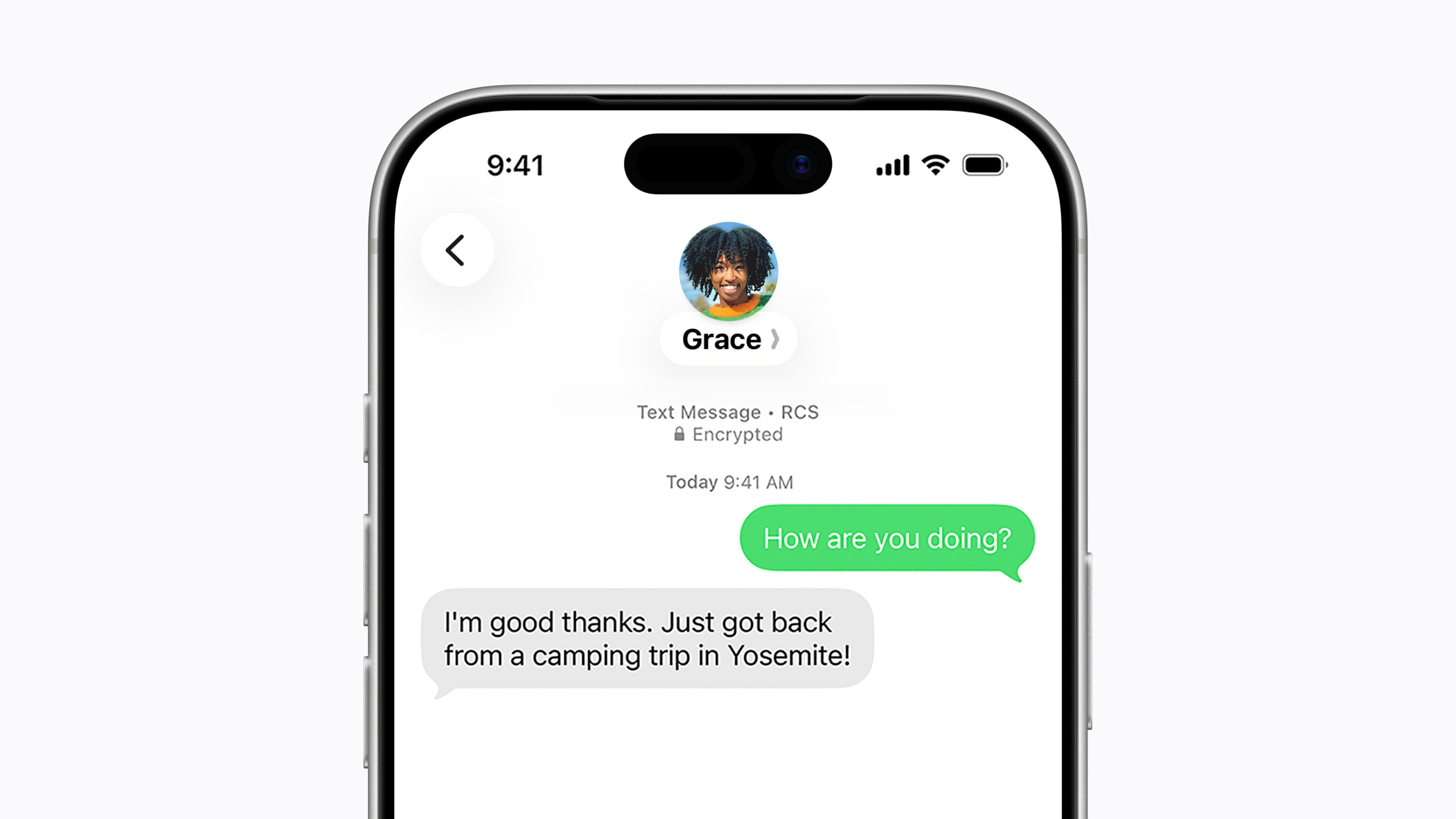 A screenshot of iPhone 17 Pro showing an end-to-end encrypted RCS chat conversation. The message &lsquo;How are you doing?&rsquo; is visible.