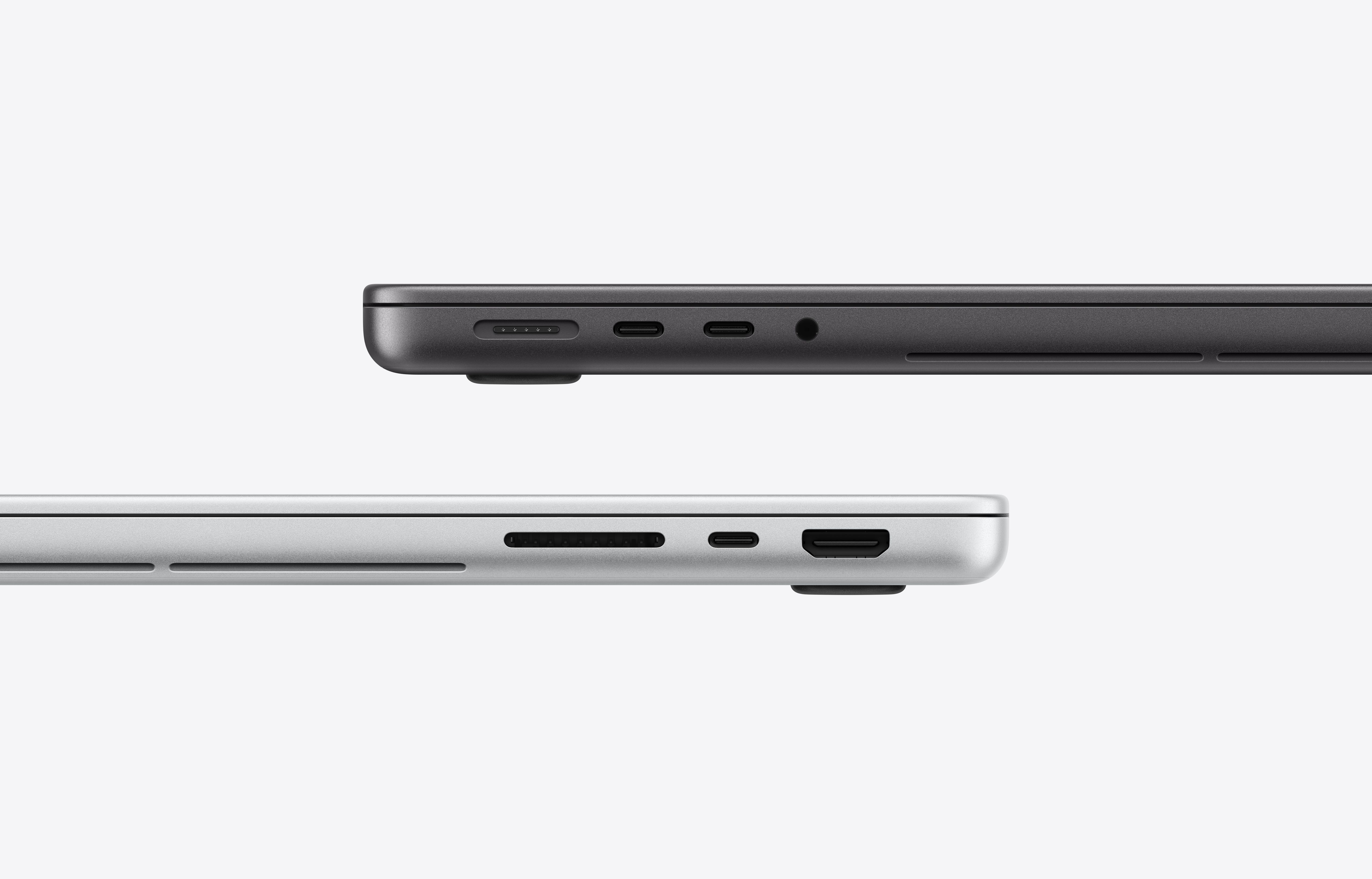 PROLED XDR 디스플레이 탑재 MacBook Pro 14 노트북, 왼쪽 옆면 외관, 닫아 놓은 모습, 스페이스 블랙 색상, 얇은 두께, MagSafe 3, Thunderbolt 5 포트 2개, 헤드폰 잭. PROLED XDR 디스플레이 탑재 MacBook Pro 14, 오른쪽 옆면 외관, 닫아 놓은 모습, 실버 색상, 얇은 두께, SDXC 카드 슬롯, Thunderbolt 5, HDMI 포트