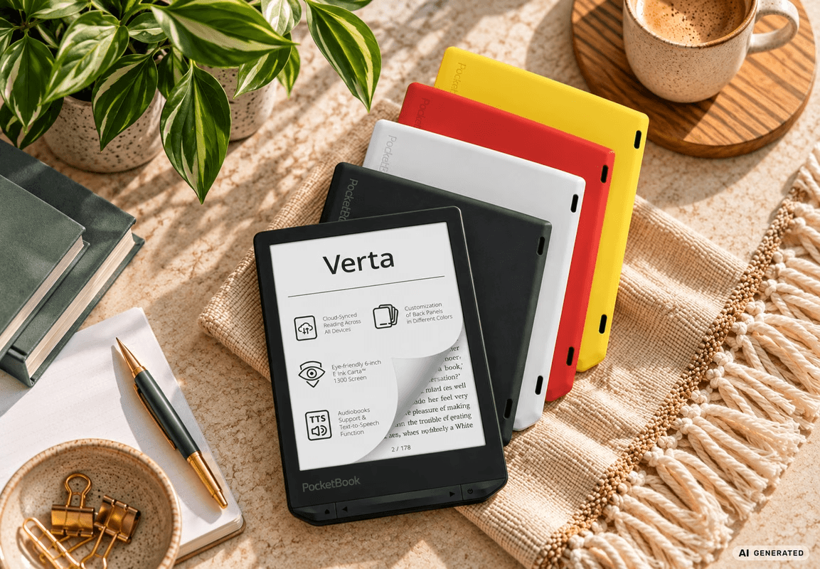 Row of colored e-readers stacked on a woven surface with a front PocketBook displaying Verta beside a plant and a cup of coffee - Good e-Reader